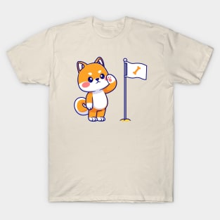 Cute Shiba Inu Respect Bone Flag Cartoon T-Shirt